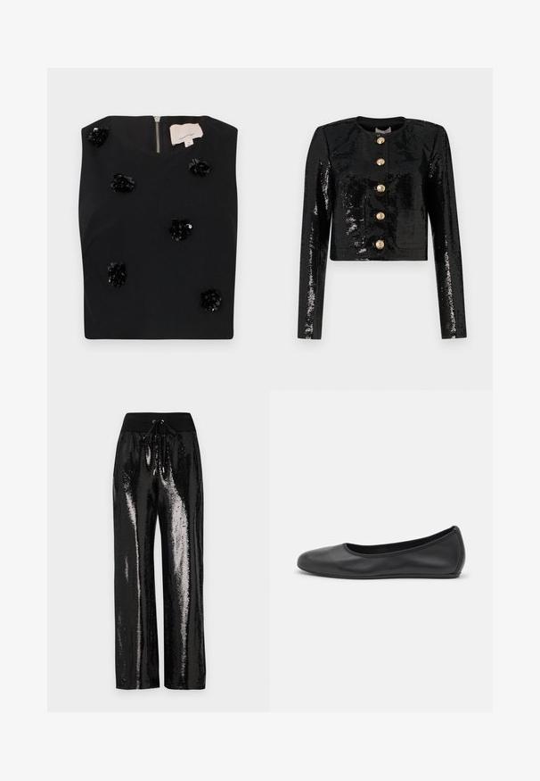 Czarna cropped kurtka wykonana z tkaniny z cekinami, z długimi rękawami, okrągłym dekoltem i pięcioma złotymi guzikami z przodu.; Czarny bezrękawnik z kwadratowym dekoltem, ozdobiony aplikacjami w kształcie kwiatów z cekinów oraz zamkiem błyskawicznym z tyłu. Gładka tekstura materiału. Rozmiar mały.; Czarne spodnie z cekinami, o szerokim kroju nogawek i elastycznym pasku w talii z sznurkiem do regulacji. Materiał ma odblaskową, błyszczącą teksturę.; Czarne skórzane baletki z zaokrąglonym noskiem, gładką fakturą, minimalnymi przeszyciami i elastycznym designem podeszwy.