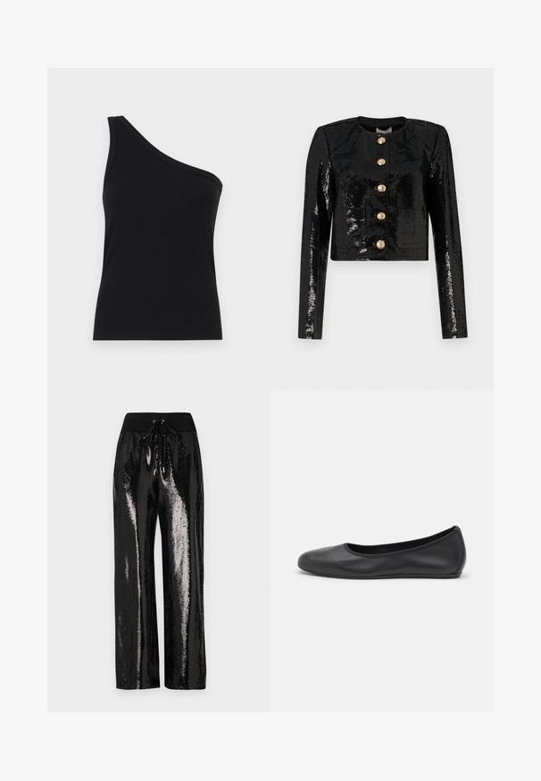 Mustat lyhyet takit, jotka on valmistettu paljettikankaasta, joissa on pitkät hihat, pyöreä kaula-aukko ja viisi kultaisista napista etuosassa.; Musta ribbed-hihaton toppi yhdellä olalla, joka on muotoiltu tiukasti ja on pehmeä tekstiililtään. Tässä on siisti, minimalistinen leikkaus ja sileä kaula-aukko.; Mustat paljettihousut, joissa on leveä lahje ja joustava vyötärö, jossa on nauhakuulokkeet. Kangas on heijastava ja kiiltävä.; Musta nahkainen ballerina, jossa on pyöristetty kärki, sileä pinta, minimaalinen ommelkoristelu ja joustava pohjamuotoilu.
