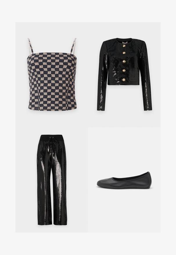 Giacca nera corta in tessuto di paillettes, con maniche lunghe, scollo rotondo e cinque bottoni dorati sul davanti.; MISBHV MONOGRAM SPAGHETTI - Top - black/beige; Pantaloni neri in paillettes con taglio a gamba larga e vita elasticizzata dotata di un cordino. Il tessuto ha una texture riflettente e lucida.; Pantofole da balletto nere in pelle con punta arrotondata, texture liscia, dettagli di cucitura minimi e design con suola flessibile.