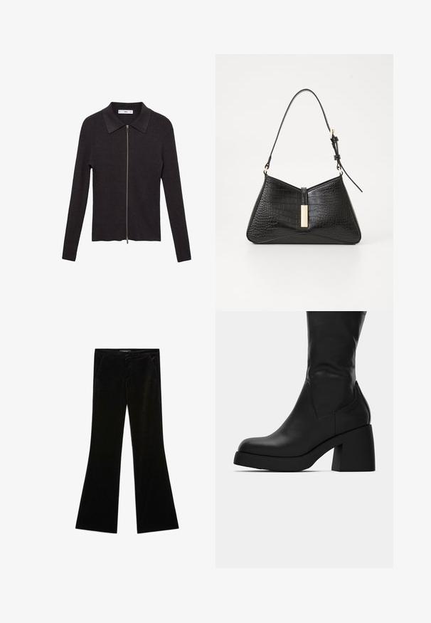 Zwarte fluwelen blazer met satijnen sjaalkraag, lange mouwen, voorzakken en een strikceintuur in de taille. Zachte textuur en verfijnd design.; Zwarte ribbeltrui met een kraag en lange mouwen. Voorzien van een rits aan de voorkant en een rechte snit. Zachte textuur.; Witte blouse met lange mouwen en een klassieke kraag, met een sluiting aan de voorkant met knopen en geplooide details aan de zijkant. Glad materiaal met een getailleerde pasvorm.; Zwarte fluwelen flarebroek met een soepele textuur, voorzien van twee vo pockets en een aansluitende taille, ontworpen voor een gestroomlijnd silhouet.; Zwarte leren laars tot halverwege de kuit met een dikke blokhak en een ronde neus, getoond in zijaanzicht op een witte achtergrond.; Zwarte handtas van faux krokodillenleer, met een driehoekige vorm, een slanke schouderband en een goudkleurige hardware-accent in het midden.; Zwarte leren handschoenen met een gewatteerde zwarte suède manchet. Heeft een gladde afwerking en een subtiele logo-accent op het polsgebied.; Zilveren druppeloorbellen met afgeronde accenten, weergegeven tegen een model dat een witte ribbed mouwloze top draagt, die een gladde textuur laat zien.