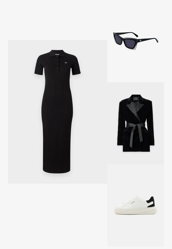 Černé sametové sako se saténovým šálovým límcem, dlouhými rukávy, předními kapsami a uvázaným páskem v pase. Hladký povrch a přizpůsobený design.; Černé midi polo šaty s krátkými rukávy, žebrovanou texturou a knoflíkovou légou. Obsahují malé zelené logo na levé části hrudi.; Bílé kožené tenisky s tlustou bílou podrážkou, černým semišovým akcentem na patě a vyraženým logem na boku. Šněrovací design se šesti očka.; Černé oversized sluneční brýle geometrického tvaru, s tmavými skly a kontrastním šedým detailem na rámu. Logo na rameni.