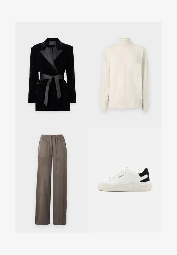 Sacou negru din catifea, cu guler din satin, mâneci lungi, buzunare frontale și o curea legată în talie. Textură fină și design croit.; Pulover tricotat cu guler înalt, de culoare crem, cu mâneci lungi și manșete și tiv cu nervuri, prezentat pe un fundal alb simplu.; Pantaloni largi, de culoare gri închis, confecționați dintr-un material neted. Au o talie elastică și un design lejer pentru confort.; Adidași din piele albă cu o talpă groasă albă, accent de călcâi din suede negru și logo embosat pe lateral. Design cu șireturi și șase orificii.