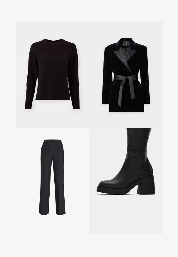 Melnas samta žaketes ar satīna apkakli, garām piedurknēm, priekšējām kabatām un saistītu jostu jostasvietā. Gluda tekstūra un izsmalcināts dizains.; Tumši pelēks adīts džemperis ar garām piedurknēm, apaļu kakla izgriezumu un ribotu apakšmalu. Mīksta tekstūra, vienkāršs dizains un bez redzamām rotājamām detaļām.; Melni, augstā jostasvietā sīkie bikses ar taisnu piegriezumu. Izgatavoti no gludas auduma, ar priekšējām krokām un sānu kabatām.; Melnas ādas zābaki līdz vidus teļam ar masīvu blokveida papēdi un noapaļotu purngalu, redzami sānu profilā uz baltas fona.