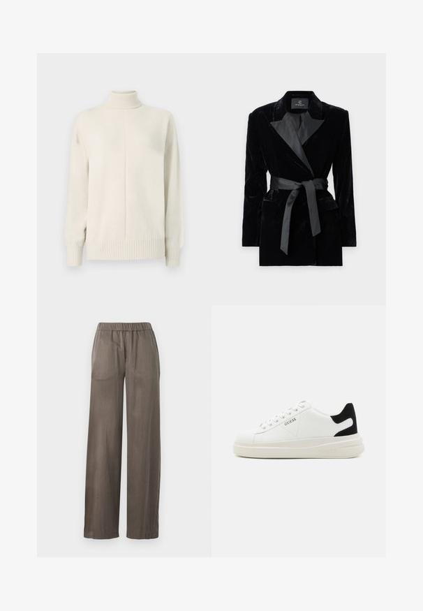 Musta samettitakki, jossa on satiininen kauluspanta, pitkät hihat, etupussit ja vyötäröllä solmittava vyö. Sileä pinta ja muotoiltu malli.; Kermanneule beige värvi kõrge kaelusega sviiter, pikkade varrukatega ning soonikkäärte ja hemiga, esitatud lihtsal valgel taustal.; Löysät housut tummanharmaasta, sileästä kankaasta. Varustettu joustovyöllä ja väljästi istuvalla muotoilulla mukavuutta varten.; Valkoiset nahkakengät paksulla valkoisella pohjalla, mustalla mokkanahkaosuudella kannassa ja kohokuvioitu logo sivulla. Nauhakeskitys kuudella reiällä.