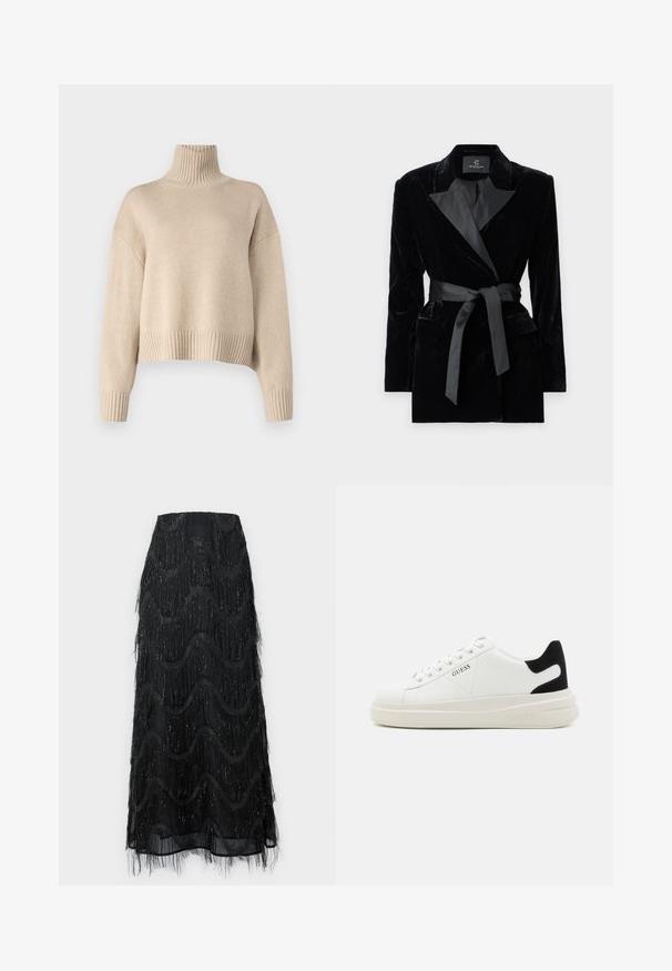 Blazer en velours noir avec col châle en satin, manches longues, poches avant et une ceinture nouée à la taille. Texture lisse et design ajusté.; Pull en maille beige à col roulé avec un col côtelé, des manches larges et un ourlet court. Texture douce et coupe décontractée.; Jupe midi noire avec des franges superposées et des motifs en vagues. Fabriquée en matière transparente avec des accents scintillants le long des bords.; Baskets en cuir blanc avec une épaisse semelle blanche, un accent en daim noir au niveau du talon et un logo embossé sur le côté. Design à lacets avec six œillets.