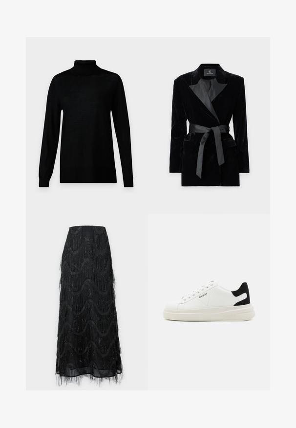 Svart fløyelsblazer med sateng sjalkrage, lange ermer, frontlommer og et knyttet belte i midjen. Glatt tekstur og skreddersydd design.; Svart turtleneck-genser laget av en myk strikket stoff, med lange ermer og en tettsittende silhuett. Ingen synlige mønstre eller tilbehør.; Svart blondebluse med lange ermer, knapplukking på brystlommene, klassisk krage og belte i stoff knyttet rundt livet. Gjennomsiktig design.; Svart midi skjørt med lagdelt frynser og bølgemønstre. Laget av gjennomsiktig materiale med glitrende detaljer langs kantene.; Hvite lær sneakers med tykk hvit såle, svart semsket hælforsterkning og preget logo på siden. Snøresystem med seks hull.