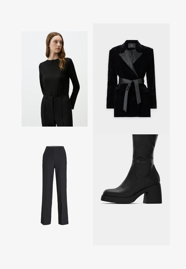 Schwarze Samtblazer mit satinierter Schalkragen, langen Ärmeln, Fronttaschen und einem gebundenen Gürtel in der Taille. Glatte Textur und taillierte Passform.; Schwarzes Langarmoberteil mit geripptem Muster und hohen Kragen, kombiniert mit maßgeschneiderten schwarzen Hosen. Schlichtes, elegantes Design.; Schwarze, hochtaillierte Hose mit geradem Bein. Aus einem glatten Stoff gefertigt, mit vorderen Falten und Seitentaschen.; Schwarze Lederstiefelette bis zur Mitte der Wade mit kräftigem Blockabsatz und runder Zehenpartie, seitliche Ansicht auf weißem Hintergrund.