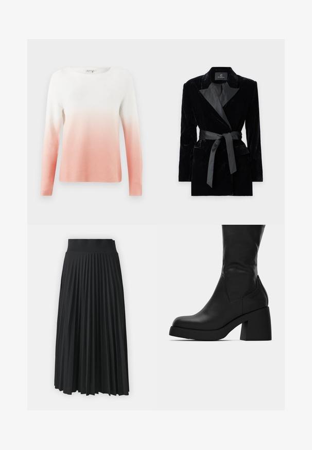 Crni baršunasti blejzer sa satenima šalom, dugim rukavima, prednjim džepovima i vezanom trakom u struku. Glatka tekstura i krojena izrada.; Dugo rukav pleteni pulover s gradijentom od bijele do nježno ružičaste boje, izrađen od lagane tkanine s teksturiranim završetkom.; Crna plisirana suknja sa širokim strukom, koja sadrži jednake vertikalne nabore po cijeloj površini. Glatka tekstura s tekućim dizajnom.; Crna kožna čizma do sredine lista s masivnom blok petom i zaobljenim vrhom, prikazana sa bočne strane na bijeloj pozadini.