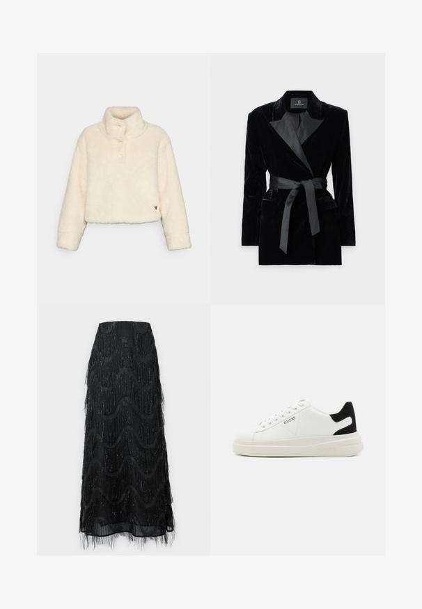 Črn žametni blazer s satenskim ovratnikom, dolgimi rokavi, sprednjimi žepi in zavezanjem v pasu. Gladka tekstura in krojena zasnova.; Skrajno prilegajoča se jakna iz umetnega krzna v off-bež barvi z visokim ovratnikom, gumbnim zapiranjem in subtilno teksturo. Ima logotip kot poudarek na robu.; Črna midi krila z večplastnimi resicami in valovitimi vzorci. Narejena iz prosojnega materiala s svetlečimi poudarki ob robovih.; Bele usnjene športne copate z debelim belim podplatom, črnimi semišnimi detajli na peti in utisnjenim logotipom na strani. Zavezovanje s šestimi luknjicami.