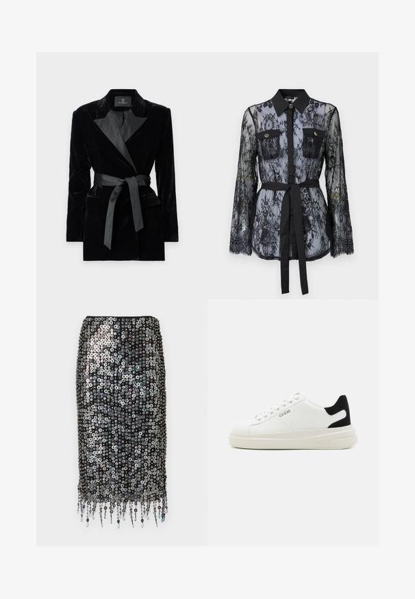 Sacou negru din catifea, cu guler din satin, mâneci lungi, buzunare frontale și o curea legată în talie. Textură fină și design croit.; Bluză din dantelă neagră, cu mâneci lungi, buzunare la piept cu nasturi, guler clasic și o curea din țesătură legată în talie. Design transparent.; Fustă neagră cu paiete, cu siluetă conică, decorată cu paiete circulare și detalii de franjuri decorative la tiv.; Adidași din piele albă cu o talpă groasă albă, accent de călcâi din suede negru și logo embosat pe lateral. Design cu șireturi și șase orificii.