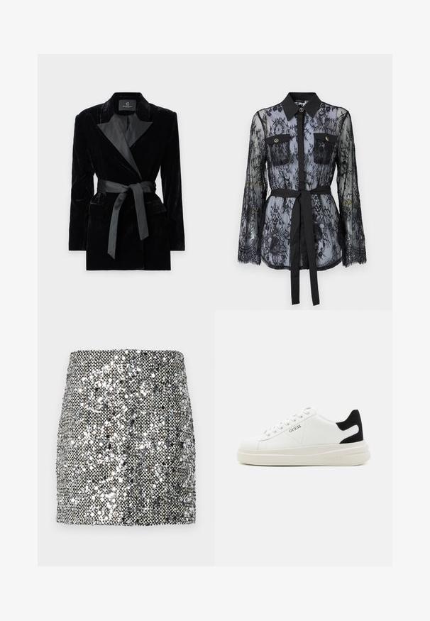 Čierny zamatový blejzer so saténovým šálovým golierom, dlhými rukávmi, prednými vreckami a opaskom na uviazanie v páse. Hladká štruktúra a strihový dizajn.; Čierna čipkovaná blúzka s dlhými rukávmi, gombíkovými náprsníkmi, klasickým golierom a látkovým opaskom viazaným v páse. Priehľadný dizajn.; Mini sukňa so sequinmi s kovovým strieborným a čiernym farebným schémou, textúrovaným povrchom s odrazovými sequinmi a priliehavým strihom.; Biele kožené tenisky s hrubou bielou podrážkou, čiernym zamekom na päte a vyrazeným logom na boku. Šnurovací dizajn so šiestimi očkami.