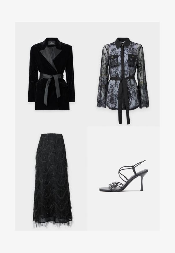 Črn žametni blazer s satenskim ovratnikom, dolgimi rokavi, sprednjimi žepi in zavezanjem v pasu. Gladka tekstura in krojena zasnova.; Črna čipkasta bluza z dolgimi rokavi, z gumbastimi žepi na prsih, klasičnim ovratnikom in pasom iz tkanine, vezanim na pasu. Prosojna zasnova.; Črna midi krila z večplastnimi resicami in valovitimi vzorci. Narejena iz prosojnega materiala s svetlečimi poudarki ob robovih.; Črne visoke sandale na peto imajo tanke naramnice z vozlom, gladek kvadratni toe in eleganten stiletto peto.