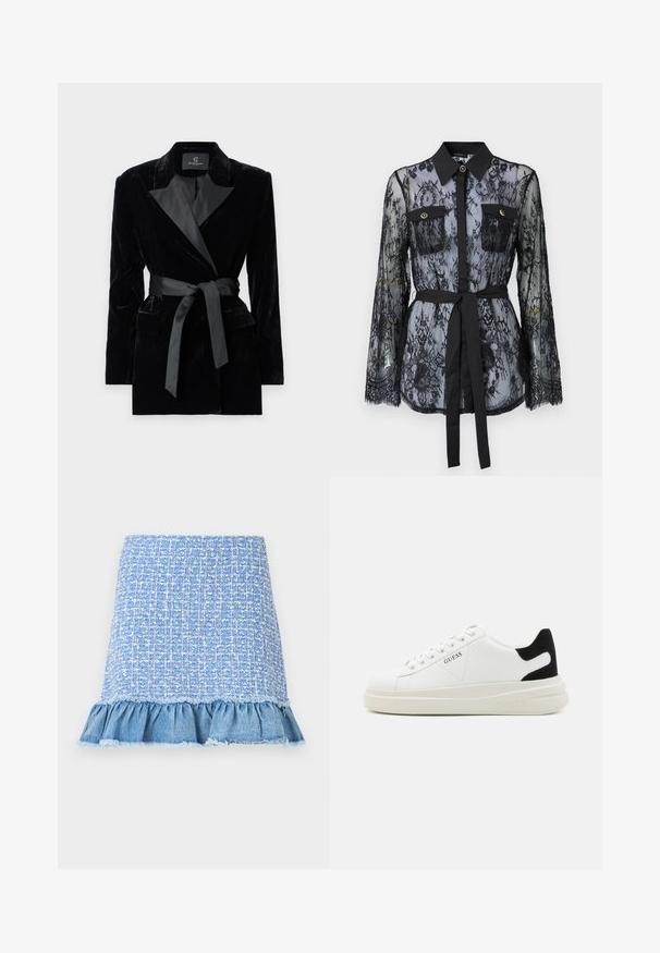 Mustmust blazer satiinist kraega, pikkade varrukatega, ees taskutega ja vööga taljes. Sile tekstuur ja kohandatud disain.; Must värviline pitspluus, mis on varustatud pikkade varrukatega, nööpidega rinna-taskutega, klassikalise kraega ja kangast vöödiga, mis on seotud vöökohtadele. Aksessuaar on läbipaistev.; Hele sinine tweed-seeliku, millel on volangiline denimist äär, tekstuuriga muster ja narmendavad servad, luues kihilise ilme.; Valged nahast tennisetossud paksu valge tallaga, musta sametist kontsakeeuga ja külje peal riigilogo reljeefne kujundus. Lukkeskeem kuue silmaauguga.