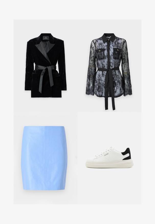 Černé sametové sako se saténovým šálovým límcem, dlouhými rukávy, předními kapsami a uvázaným páskem v pase. Hladký povrch a přizpůsobený design.; Černá krajková blůza s dlouhými rukávy, knoflíkovými kapsami na hrudi, klasickým límečkem a tkaninovým páskem svázaným v pase. Průhledný design.; Jasně modrá mini sukně z hladkého, lesklého materiálu s jednoduchým, přiléhavým tvarem a bez viditelných vzorů nebo ozdob.; Bílé kožené tenisky s tlustou bílou podrážkou, černým semišovým akcentem na patě a vyraženým logem na boku. Šněrovací design se šesti očka.