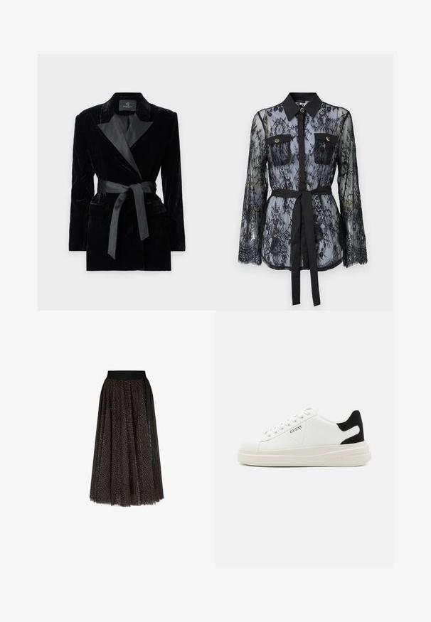 Sort fløjlsblazer med satin sjalkrave, lange ærmer, frontlommer og en bundet bælte i taljen. Glat tekstur og skræddersyet design.; Sort blonde med lange ærmer, knaplukket brystlommer, klassisk krave og et stofbælte der er bundet om taljen. Gennemsigtig design.; Brun og sort mønstret midi nederdel med en sort elastisk talje og vertikal sort stribe detalje på den ene side.; Hvide lædersneakers med en tyk hvid sål, sort ruskindhælvægt og prægede logoer på siden. Snørebåndsdesign med seks øjer.