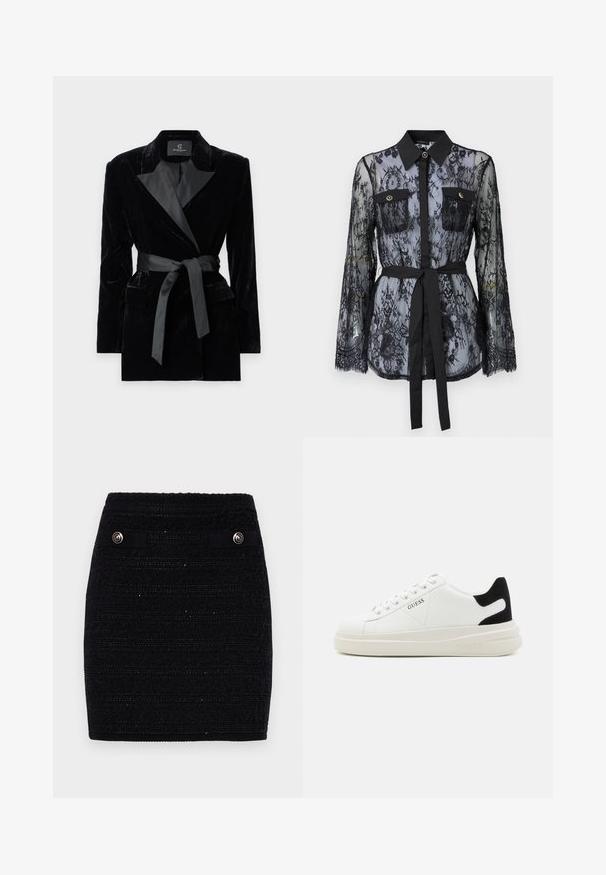 Svart fløyelsblazer med sateng sjalkrage, lange ermer, frontlommer og et knyttet belte i midjen. Glatt tekstur og skreddersydd design.; Svart blondebluse med lange ermer, knapplukking på brystlommene, klassisk krage og belte i stoff knyttet rundt livet. Gjennomsiktig design.; Svart teksturert skjørt med horisontale striper, dekorative frontlommer med sølvfargede knapper og en tettsittende silhuett.; Hvite lær sneakers med tykk hvit såle, svart semsket hælforsterkning og preget logo på siden. Snøresystem med seks hull.