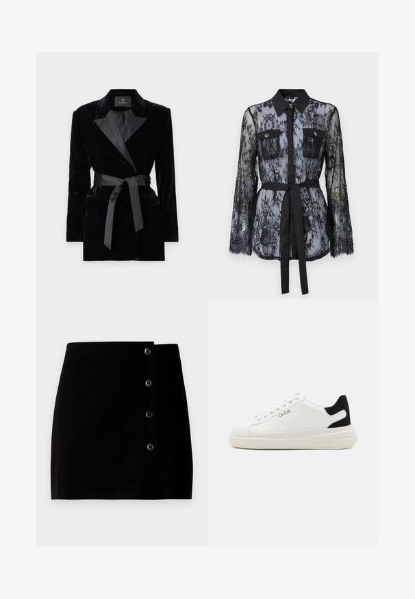 Sacou negru din catifea, cu guler din satin, mâneci lungi, buzunare frontale și o curea legată în talie. Textură fină și design croit.; Bluză din dantelă neagră, cu mâneci lungi, buzunare la piept cu nasturi, guler clasic și o curea din țesătură legată în talie. Design transparent.; Fustă mini neagră din bumbac, având închidere laterală cu patru nasturi negri și o siluetă dreaptă. Textură netedă.; Adidași din piele albă cu o talpă groasă albă, accent de călcâi din suede negru și logo embosat pe lateral. Design cu șireturi și șase orificii.