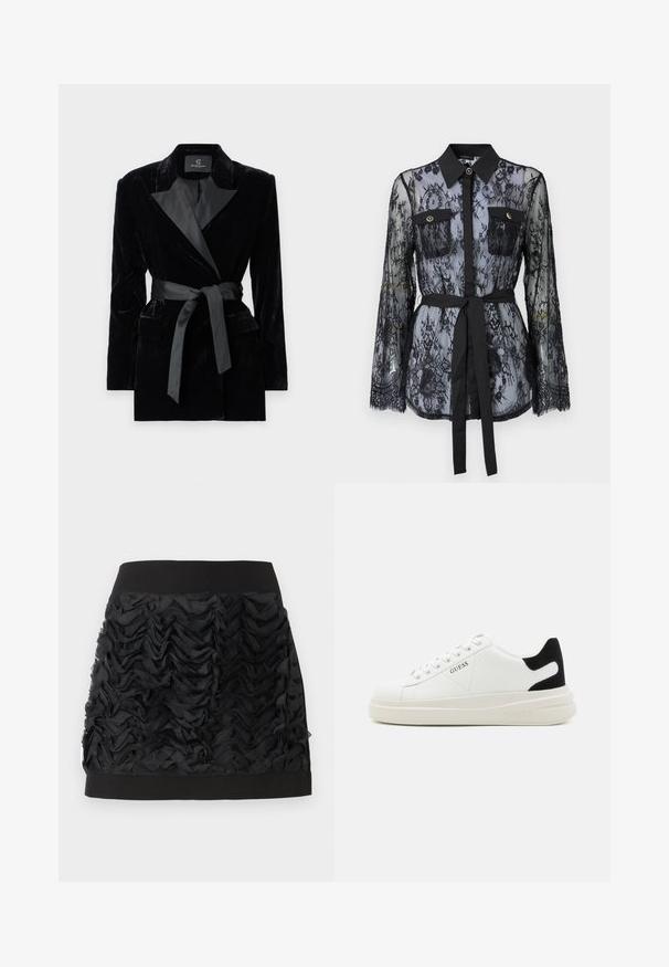 Svart sammet blazer med satin skalkrage, långa ärmar, framfickor och ett knytbälte i midjan. Slät textur och skräddarsydd design.; Svart spetsblus med långa ärmar, knäppta bröstfickor, klassisk krage och ett tygbälte knutet i midjan. Transparent design.; Svart mini kjol med en volang framdel i chiffon, med en slät svart midjeband. Volangerna skapar textur och rörelse.; Vita lädersneakers med en tjock vit sula, svartsuede hälaccent och präglad logotyp på sidan. Snörningsdesign med sex öglor.