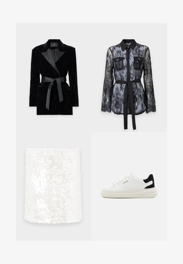 Blazer en velours noir avec col châle en satin, manches longues, poches avant et une ceinture nouée à la taille. Texture lisse et design ajusté.; Blouse en dentelle noire avec des manches longues, des poches poitrine boutonnées, un col classique et une ceinture en tissu nouée à la taille. Design transparent.; Tissu tube en sequins blancs avec une surface lisse. Les sequins reflètent la lumière, créant un effet chatoyant. Les bords sont finement finis.; Baskets en cuir blanc avec une épaisse semelle blanche, un accent en daim noir au niveau du talon et un logo embossé sur le côté. Design à lacets avec six œillets.