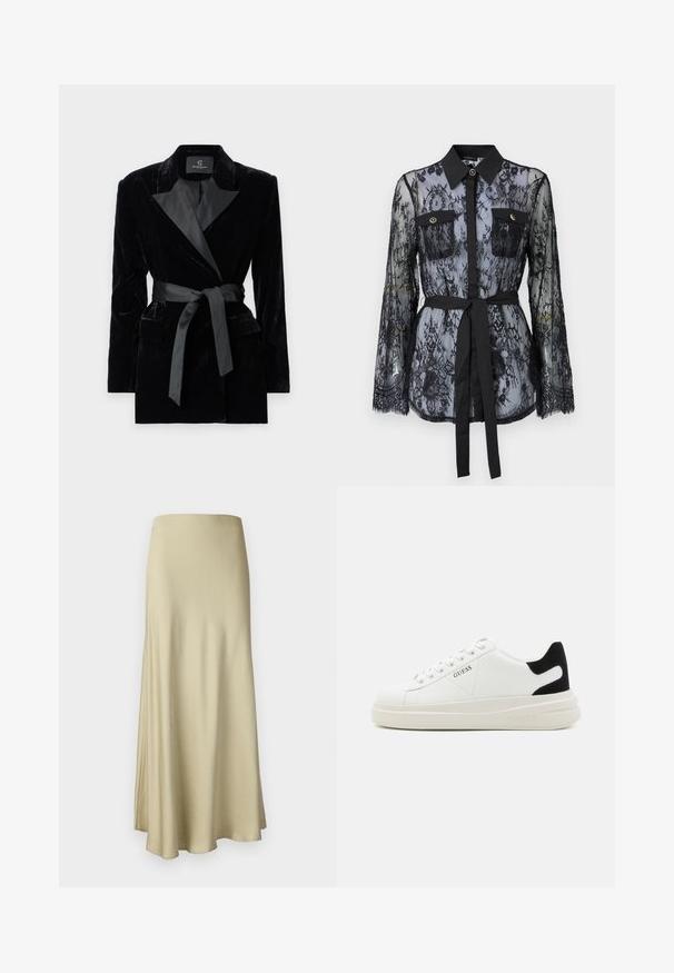 Blazer en velours noir avec col châle en satin, manches longues, poches avant et une ceinture nouée à la taille. Texture lisse et design ajusté.; Blouse en dentelle noire avec des manches longues, des poches poitrine boutonnées, un col classique et une ceinture en tissu nouée à la taille. Design transparent.; Jupe longue et fluide en beige, fabriquée en tissu doux. Elle présente une texture lisse et un design simple et minimaliste sans matériel visible.; Baskets en cuir blanc avec une épaisse semelle blanche, un accent en daim noir au niveau du talon et un logo embossé sur le côté. Design à lacets avec six œillets.