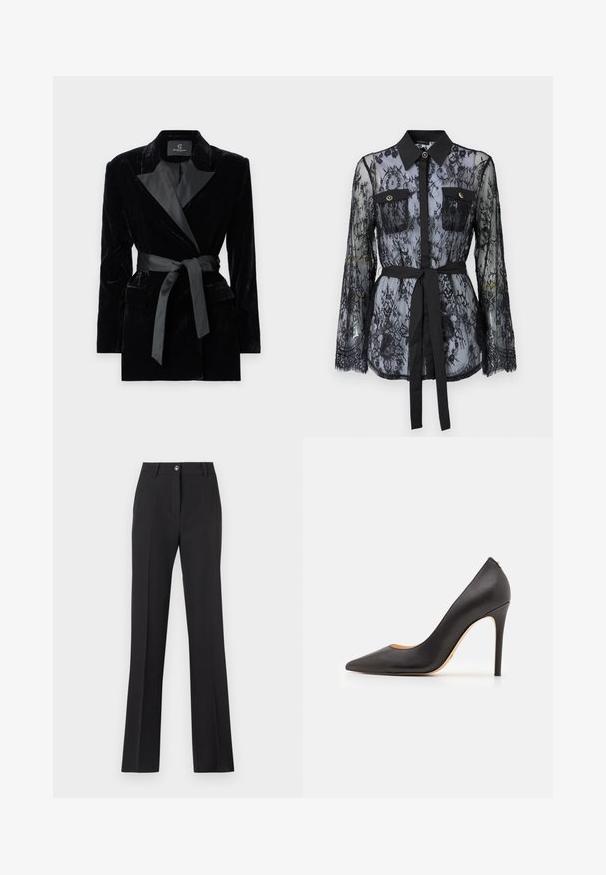 Svart fløyelsblazer med sateng sjalkrage, lange ermer, frontlommer og et knyttet belte i midjen. Glatt tekstur og skreddersydd design.; Svart blondebluse med lange ermer, knapplukking på brystlommene, klassisk krage og belte i stoff knyttet rundt livet. Gjennomsiktig design.; Svarte, skreddersydde bukser med rett ben-design. Har knappelukking, beltesløyfer og en glatt, matt tekstur.; Sorte lærhøye hæler med spiss tå og glatt tekstur, med en slank hæl og minimalistisk design.