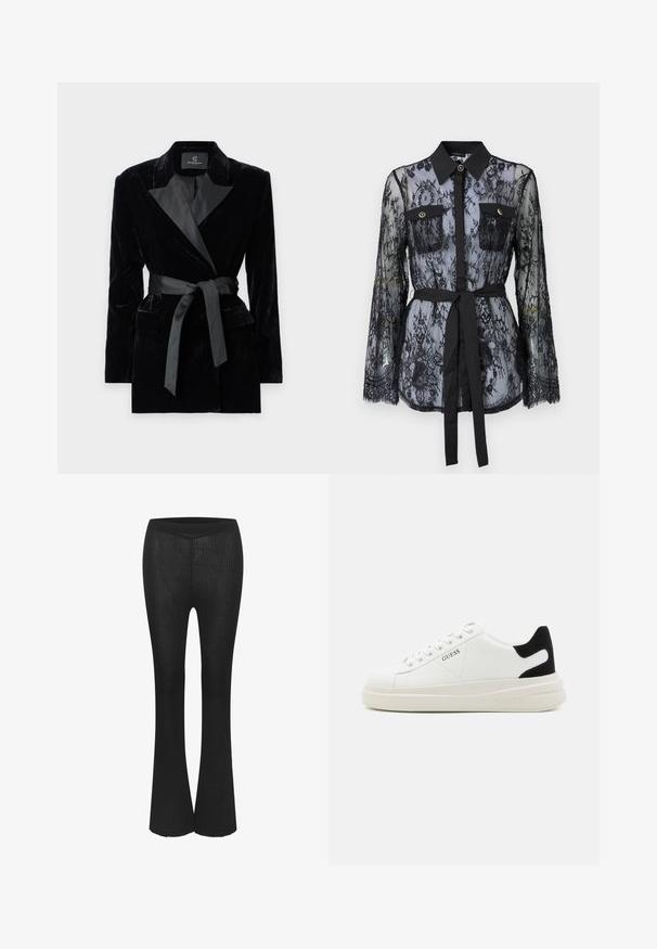 Fekete bársony blézer selyem stílusú gallérral, hosszú ujjak, elülső zsebek és megkötős öv a deréknál. Simaság és precíz szabás jellemzi.; Fekete csipke blúz hosszú ujjal, gombos mellzsebekkel, klasszikus gallérral, és derékra kötött szövet övvel. Átlátszó kialakítás.; Fekete bordázott, harangszoknyás nadrág, testre simuló derékkal, puha, rugalmas anyagból készült. Függőleges csíkokkal és sima felülettel rendelkezik.; Fehér bőr sportcipők vastag fehér talppal, fekete velúr sarokpikkelyel és dombornyomott logóval az oldalon. Fűzős kialakítás, hat fűzőlyukkal.
