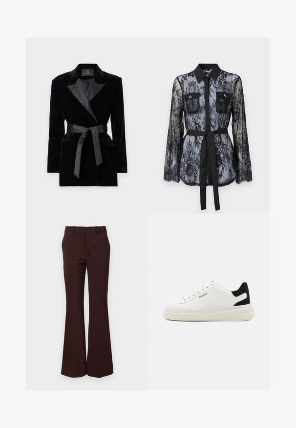 Blazer in velluto nero con colletto a scialle in satin, maniche lunghe, tasche frontali e una cintura legata in vita. Texture liscia e design su misura.; Blusa nera in pizzo con maniche lunghe, tasche sul petto con bottoni, colletto classico e una cintura in tessuto legata in vita. Design trasparente.; Pantaloni svasati marroni realizzati in un tessuto liscio, dotati di una vita sartoriale, passanti per cintura e una parte anteriore pulita senza tasche.; Sneaker bianchi in pelle con suola spessa bianca, accento in suede nero sul tallone e logo impresso sul lato. Design con lacci e sei fori per i lacci.