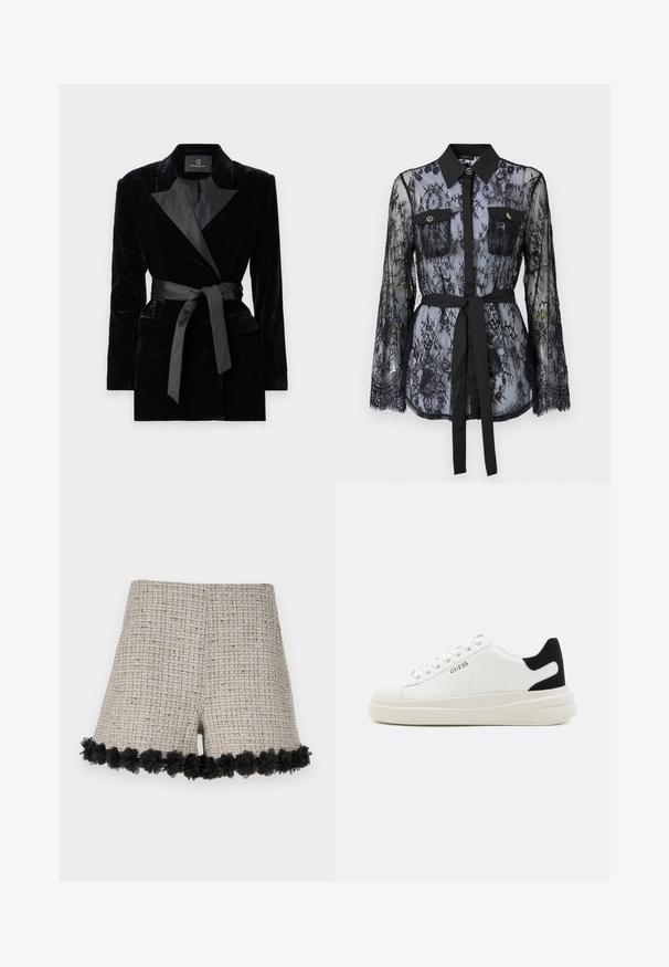 Svart fløyelsblazer med sateng sjalkrage, lange ermer, frontlommer og et knyttet belte i midjen. Glatt tekstur og skreddersydd design.; Svart blondebluse med lange ermer, knapplukking på brystlommene, klassisk krage og belte i stoff knyttet rundt livet. Gjennomsiktig design.; Beige tweedshorts med et teksturert mønster, prydet med svart blomsterdetalj ved kanten. Designet har en generelt skreddersydd form.; Hvite lær sneakers med tykk hvit såle, svart semsket hælforsterkning og preget logo på siden. Snøresystem med seks hull.