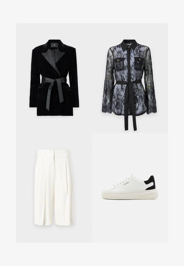 Sort fløjlsblazer med satin sjalkrave, lange ærmer, frontlommer og en bundet bælte i taljen. Glat tekstur og skræddersyet design.; Sort blonde med lange ærmer, knaplukket brystlommer, klassisk krave og et stofbælte der er bundet om taljen. Gennemsigtig design.; Hvide plissee shorts med høj talje. Glat stof med en afslappet form, der har sidelommer og en knælang skæring.; Hvide lædersneakers med en tyk hvid sål, sort ruskindhælvægt og prægede logoer på siden. Snørebåndsdesign med seks øjer.