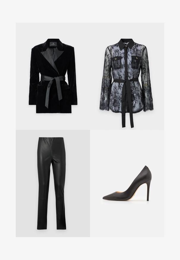 Svart fløyelsblazer med sateng sjalkrage, lange ermer, frontlommer og et knyttet belte i midjen. Glatt tekstur og skreddersydd design.; Svart blondebluse med lange ermer, knapplukking på brystlommene, klassisk krage og belte i stoff knyttet rundt livet. Gjennomsiktig design.; Sorte faux skinnbukser med slim fit, glatt tekstur, midjehøyde og rette ben. Ingen synlig maskinvare eller mønstre.; Sorte lærhøye hæler med spiss tå og glatt tekstur, med en slank hæl og minimalistisk design.