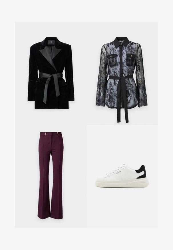 Zwarte fluwelen blazer met satijnen sjaalkraag, lange mouwen, voorzakken en een strikceintuur in de taille. Zachte textuur en verfijnd design.; Zwarte kanten blouse met lange mouwen, knoopzakken op de borst, een klassieke kraag en een stoffen riem die op de taille is gestrikt. Doorzichtige uitstraling.; Uitlopende broek van diep bordeauxrode stof met een zachte textuur. Heeft een middellange taille en dubbele goudkleurige accenten aan de voorkant.; Witte leren sneakers met een dikke witte zool, zwarte suède hielaccent en een geperst logo op de zijkant. Vetersluiting met zes oogjes.
