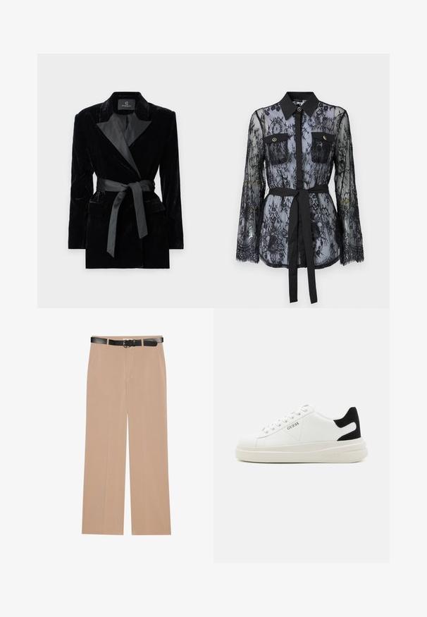 Musta samettitakki, jossa on satiininen kauluspanta, pitkät hihat, etupussit ja vyötäröllä solmittava vyö. Sileä pinta ja muotoiltu malli.; Mustapitsi pusero, jossa on pitkät hihat, napilliset rintataskut, klassinen kaulus ja kangasvyö sidottuna vyötärölle. Läpinäkyvä muotoilu.; Harmaat leveät housut, joissa on sileä pinta, varustettuna mustalla vyöllä, jossa on hopeinen solki, sekä kahdella sivutaskulla.; Valkoiset nahkakengät paksulla valkoisella pohjalla, mustalla mokkanahkaosuudella kannassa ja kohokuvioitu logo sivulla. Nauhakeskitys kuudella reiällä.