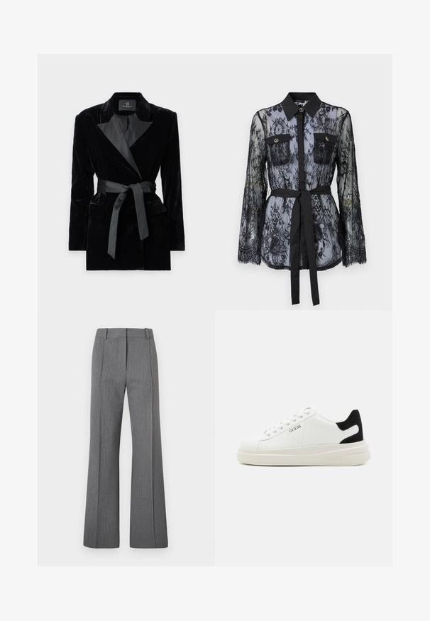 Blazer en velours noir avec col châle en satin, manches longues, poches avant et une ceinture nouée à la taille. Texture lisse et design ajusté.; Blouse en dentelle noire avec des manches longues, des poches poitrine boutonnées, un col classique et une ceinture en tissu nouée à la taille. Design transparent.; Pantalons évasés gris à rayures avec un devant plat, des passants de ceinture et une texture lisse. Design pleine longueur avec des détails de motif subtils.; Baskets en cuir blanc avec une épaisse semelle blanche, un accent en daim noir au niveau du talon et un logo embossé sur le côté. Design à lacets avec six œillets.