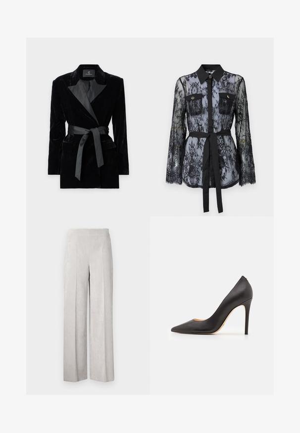 Black velvet blazer with satin shawl collar, long sleeves, front pockets, and a tied belt at the waist. Smooth texture and tailored design.; Black lace blouse featuring long sleeves, buttoned chest pockets, a classic collar, and a fabric belt tied at the waist. Transparent design.; Light gray corduroy wide-leg pants with a smooth texture, featuring vertical ribbing and a high waistband for a relaxed fit.; Black leather high-heeled pump with a pointed toe and smooth texture, featuring a slender heel and minimalistic design.