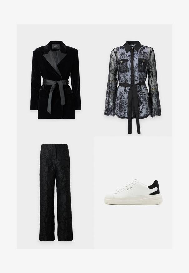 Black velvet blazer with satin shawl collar, long sleeves, front pockets, and a tied belt at the waist. Smooth texture and tailored design.; Black lace blouse featuring long sleeves, buttoned chest pockets, a classic collar, and a fabric belt tied at the waist. Transparent design.; Black trousers with a textured floral pattern, made of a soft material, featuring a loose, wide-leg design and a high waist.; White leather sneakers with a thick white sole, black suede heel accent, and embossed logo on the side. Laced design with six eyelets.