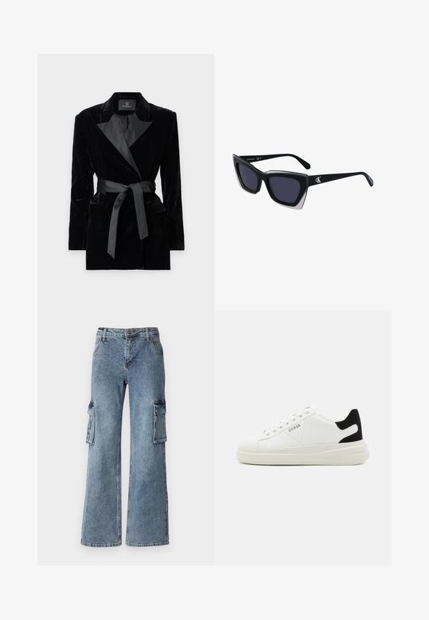 Čierny zamatový blejzer so saténovým šálovým golierom, dlhými rukávmi, prednými vreckami a opaskom na uviazanie v páse. Hladká štruktúra a strihový dizajn.; Čierna čipkovaná blúzka s dlhými rukávmi, gombíkovými náprsníkmi, klasickým golierom a látkovým opaskom viazaným v páse. Priehľadný dizajn.; Voľné modré džínsy cargo s bočnými vreckami, zapínaním na gombík a pútkami na opasok. Tkanina má svetlý umytý efekt s jemným vyblednutím.; Biele kožené tenisky s hrubou bielou podrážkou, čiernym zamekom na päte a vyrazeným logom na boku. Šnurovací dizajn so šiestimi očkami.; Čierne oversized slnečné okuliare s geometrickým tvarom, s tmavými šošovkami a kontrastným šedým detailom na ráme. Logo na mostíku.