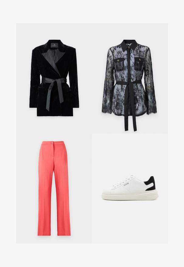 Melnas samta žaketes ar satīna apkakli, garām piedurknēm, priekšējām kabatām un saistītu jostu jostasvietā. Gluda tekstūra un izsmalcināts dizains.; Melnas mežģīņu blūze ar garām piedurknēm, pogām kabatām uz krūtīm, klasisku apkakli un auduma jostu, kas saitē ap jostasvietu. Caurspīdīgs dizains.; Korallkrāsas plašās bikses, izgatavotas no gludas auduma, ar priekšējo pogu aizdari un divām sānu kabatām, pielāgotas komfortablai valkāšanai.; Baltas ādas sporta apavi ar biezu balto zoli, melna zamša uzpura un izspiestais logotips sānos. Šņorējuma dizains ar sešiem acu caurumiem.