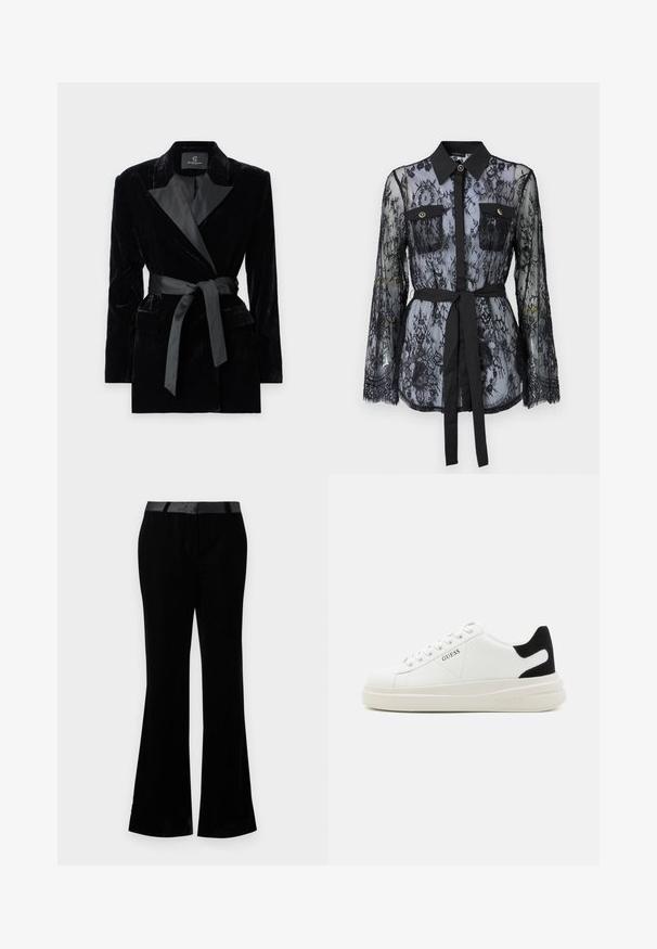 Svart fløyelsblazer med sateng sjalkrage, lange ermer, frontlommer og et knyttet belte i midjen. Glatt tekstur og skreddersydd design.; Svart blondebluse med lange ermer, knapplukking på brystlommene, klassisk krage og belte i stoff knyttet rundt livet. Gjennomsiktig design.; Svarte vide bukser laget av et glatt stoff. Har en flat linning med glansfull finish. Skreddersydd design med to frontlommer.; Hvite lær sneakers med tykk hvit såle, svart semsket hælforsterkning og preget logo på siden. Snøresystem med seks hull.