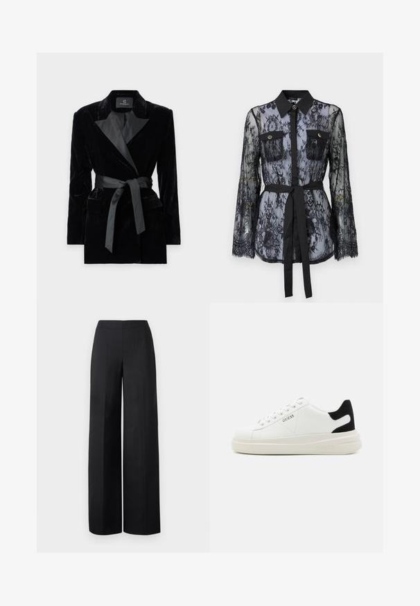 Musta samettitakki, jossa on satiininen kauluspanta, pitkät hihat, etupussit ja vyötäröllä solmittava vyö. Sileä pinta ja muotoiltu malli.; Mustapitsi pusero, jossa on pitkät hihat, napilliset rintataskut, klassinen kaulus ja kangasvyö sidottuna vyötärölle. Läpinäkyvä muotoilu.; Mustat leveälahkeiset housut, jotka on valmistettu sileästä kankaasta. Niissä on korkea vyötärö ja puhtaat, suorat linjat ilman näkyviä taskuja tai koristeluja.; Valkoiset nahkakengät paksulla valkoisella pohjalla, mustalla mokkanahkaosuudella kannassa ja kohokuvioitu logo sivulla. Nauhakeskitys kuudella reiällä.