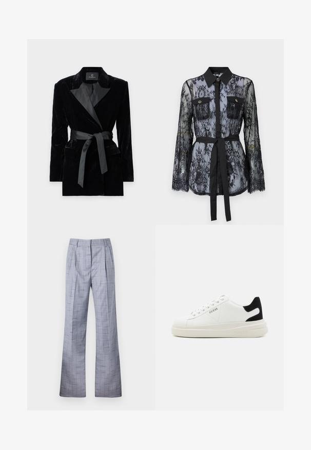 Svart fløyelsblazer med sateng sjalkrage, lange ermer, frontlommer og et knyttet belte i midjen. Glatt tekstur og skreddersydd design.; Svart blondebluse med lange ermer, knapplukking på brystlommene, klassisk krage og belte i stoff knyttet rundt livet. Gjennomsiktig design.; Grå rutete bukser med vid benform, med legg og subtil tekstur. Laget av lett stoff med en skreddersydd passform.; Hvite lær sneakers med tykk hvit såle, svart semsket hælforsterkning og preget logo på siden. Snøresystem med seks hull.