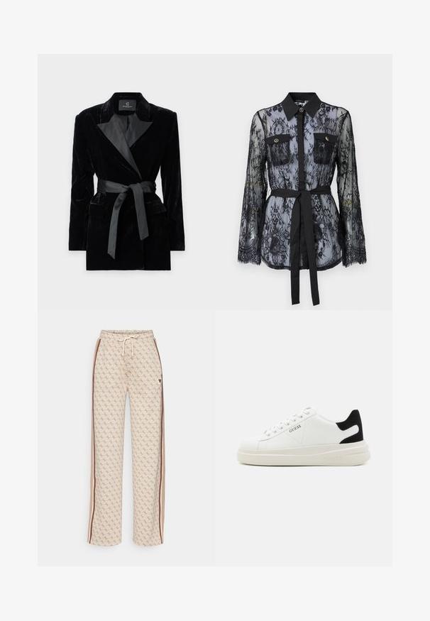 Sort fløjlsblazer med satin sjalkrave, lange ærmer, frontlommer og en bundet bælte i taljen. Glat tekstur og skræddersyet design.; Sort blonde med lange ærmer, knaplukket brystlommer, klassisk krave og et stofbælte der er bundet om taljen. Gennemsigtig design.; Cremefarvede bukser med mønster og snøre i taljen, prydet med et diamantprint, brune sidelister og et lille sort logo.; Hvide lædersneakers med en tyk hvid sål, sort ruskindhælvægt og prægede logoer på siden. Snørebåndsdesign med seks øjer.