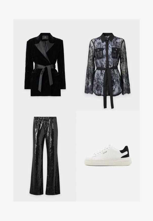 Čierny zamatový blejzer so saténovým šálovým golierom, dlhými rukávmi, prednými vreckami a opaskom na uviazanie v páse. Hladká štruktúra a strihový dizajn.; Čierna čipkovaná blúzka s dlhými rukávmi, gombíkovými náprsníkmi, klasickým golierom a látkovým opaskom viazaným v páse. Priehľadný dizajn.; Čierne trblietavé nohavice so širokým strihom, ktoré majú elastický pás a lesklú textúru odrážajúcu svetlo. Vertikálny vzor trblietok.; Biele kožené tenisky s hrubou bielou podrážkou, čiernym zamekom na päte a vyrazeným logom na boku. Šnurovací dizajn so šiestimi očkami.