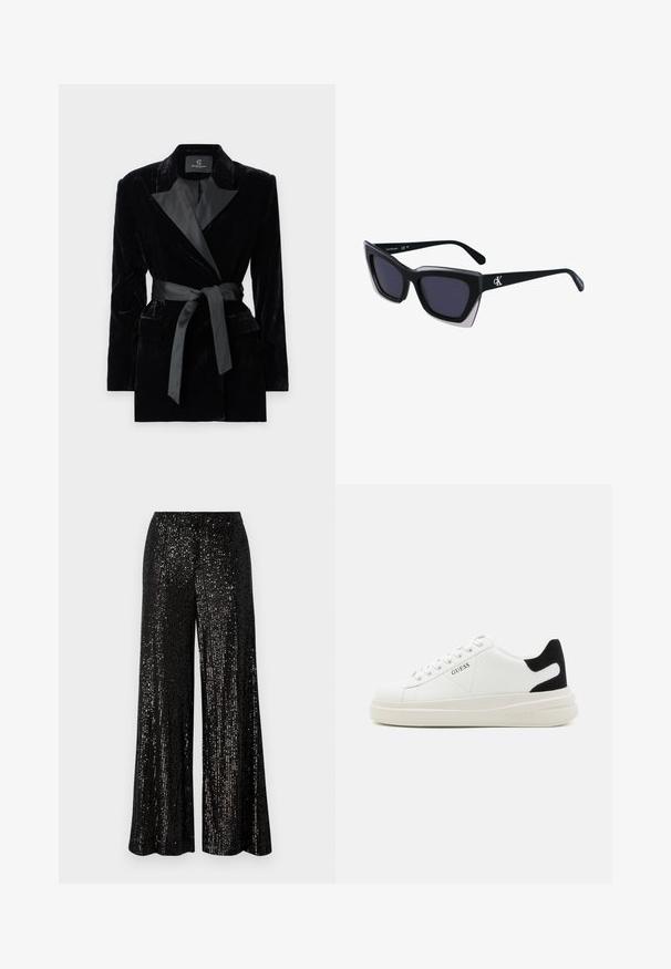 Schwarze Samtblazer mit satinierter Schalkragen, langen Ärmeln, Fronttaschen und einem gebundenen Gürtel in der Taille. Glatte Textur und taillierte Passform.; Schwarze Spitzenbluse mit langen Ärmeln, knöpfbaren Brusttaschen, klassischem Kragen und einem Stoffgürtel, der an der Taille gebunden ist. Transparenter Design.; Schwarze, glitzernde, weite Hosen mit lockerer Passform und elastischem Bund. Die Oberfläche zeichnet sich durch eine glänzende, reflektierende Textur mit vertikalen Streifen aus.; Weiße Leder-Sneaker mit einer dicken weißen Sohle, schwarzem Wildlederakzent an der Ferse und geprägtem Logo an der Seite. Schnürdesign mit sechs Ösen.; Schwarze übergroße Sonnenbrille mit geometrischer Form, ausgestattet mit dunklen Gläsern und einem kontrastierenden grauen Detail im Rahmen. Logo am Bügel.