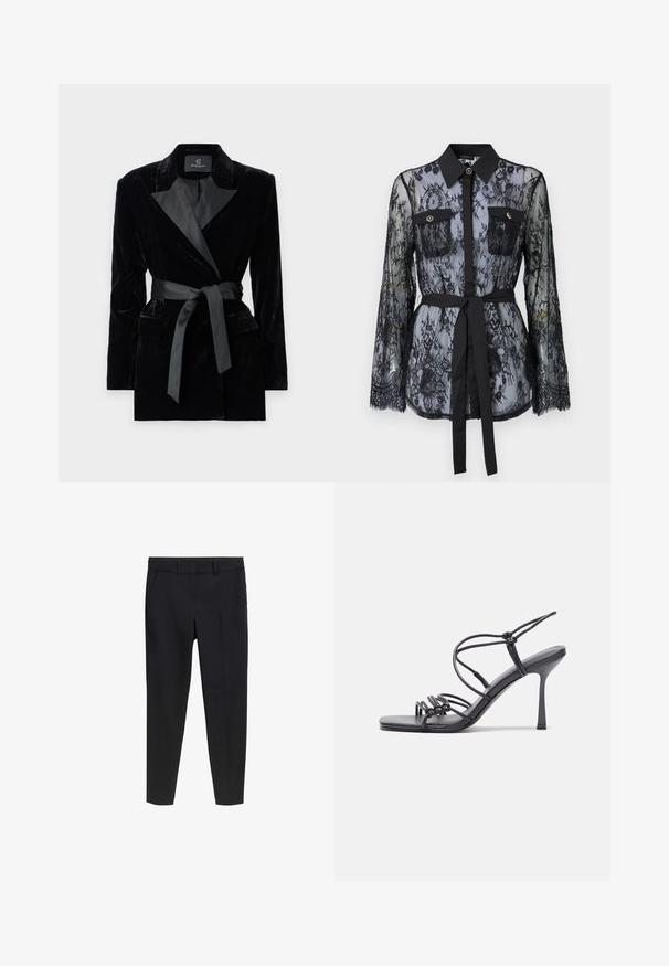 Sort fløjlsblazer med satin sjalkrave, lange ærmer, frontlommer og en bundet bælte i taljen. Glat tekstur og skræddersyet design.; Sort blonde med lange ærmer, knaplukket brystlommer, klassisk krave og et stofbælte der er bundet om taljen. Gennemsigtig design.; Sorte skræddersyede slim-fit ankel-lange bukser med bæltestropper og forlommer på en hvid baggrund.; Sorte højhælede sandaler med tynde stropper og en knyttet design, en glat firkantet tå og en slank stiletto hæl.