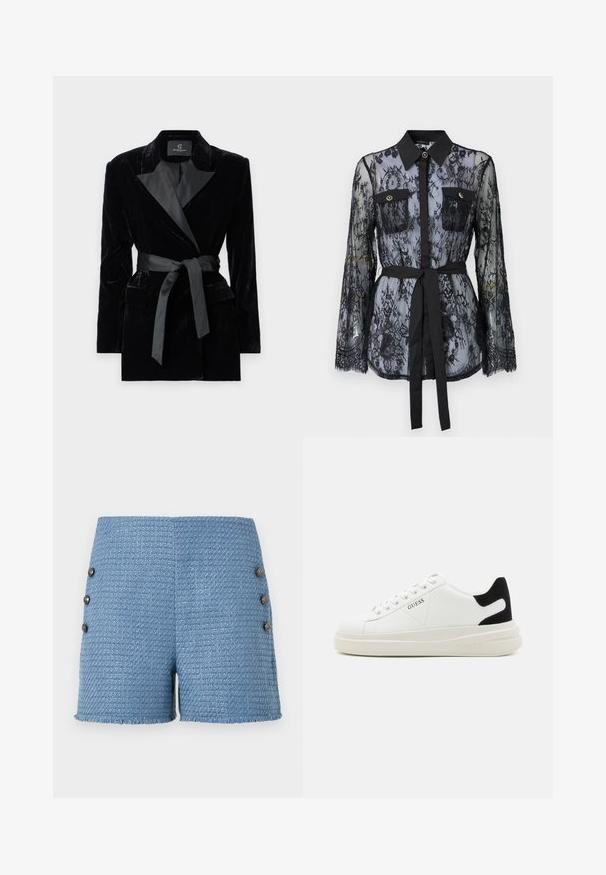 Svart sammet blazer med satin skalkrage, långa ärmar, framfickor och ett knytbälte i midjan. Slät textur och skräddarsydd design.; Svart spetsblus med långa ärmar, knäppta bröstfickor, klassisk krage och ett tygbälte knutet i midjan. Transparent design.; Blå vävda shorts med en strukturerad tyg, fransad nederkant och fyra dekorativa knappar på sidan för extra detalj.; Vita lädersneakers med en tjock vit sula, svartsuede hälaccent och präglad logotyp på sidan. Snörningsdesign med sex öglor.