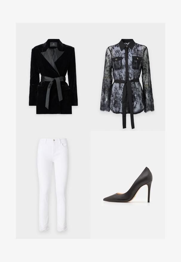 Black velvet blazer with satin shawl collar, long sleeves, front pockets, and a tied belt at the waist. Smooth texture and tailored design.; Black lace blouse featuring long sleeves, buttoned chest pockets, a classic collar, and a fabric belt tied at the waist. Transparent design.; White denim pants with a slim fit, featuring a gold button closure and intricate lace trim at the bottom hems. Soft texture, classic design.; Black leather high-heeled pump with a pointed toe and smooth texture, featuring a slender heel and minimalistic design.