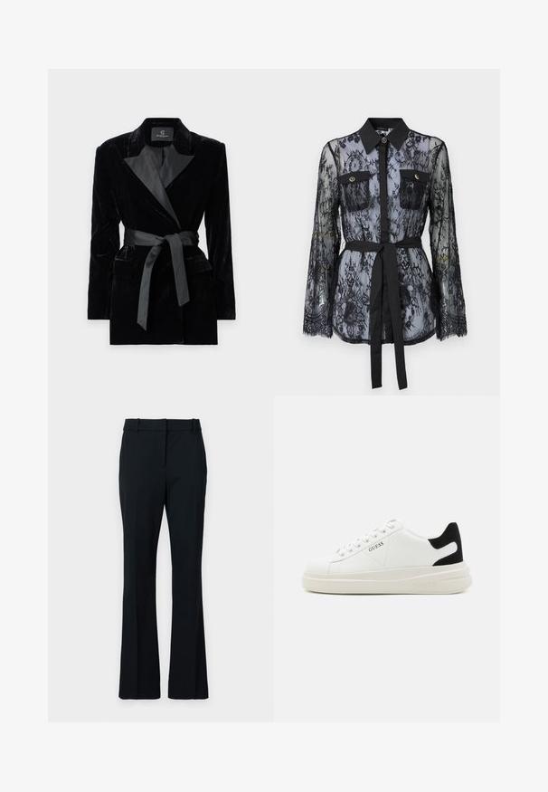 Zwarte fluwelen blazer met satijnen sjaalkraag, lange mouwen, voorzakken en een strikceintuur in de taille. Zachte textuur en verfijnd design.; Zwarte kanten blouse met lange mouwen, knoopzakken op de borst, een klassieke kraag en een stoffen riem die op de taille is gestrikt. Doorzichtige uitstraling.; Zwarte flared broeken van een gladde stof. Heeft een platte voorkant, riemlussen en een getailleerde pasvorm die geleidelijk breder wordt naar de onderkant.; Witte leren sneakers met een dikke witte zool, zwarte suède hielaccent en een geperst logo op de zijkant. Vetersluiting met zes oogjes.