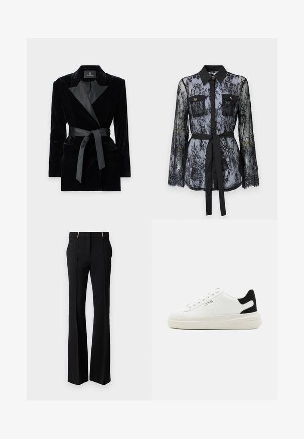 Fekete bársony blézer selyem stílusú gallérral, hosszú ujjak, elülső zsebek és megkötős öv a deréknál. Simaság és precíz szabás jellemzi.; Fekete csipke blúz hosszú ujjal, gombos mellzsebekkel, klasszikus gallérral, és derékra kötött szövet övvel. Átlátszó kialakítás.; LIU JO PANT FIT AND FLARE - Nadrágok - nero; Fehér bőr sportcipők vastag fehér talppal, fekete velúr sarokpikkelyel és dombornyomott logóval az oldalon. Fűzős kialakítás, hat fűzőlyukkal.