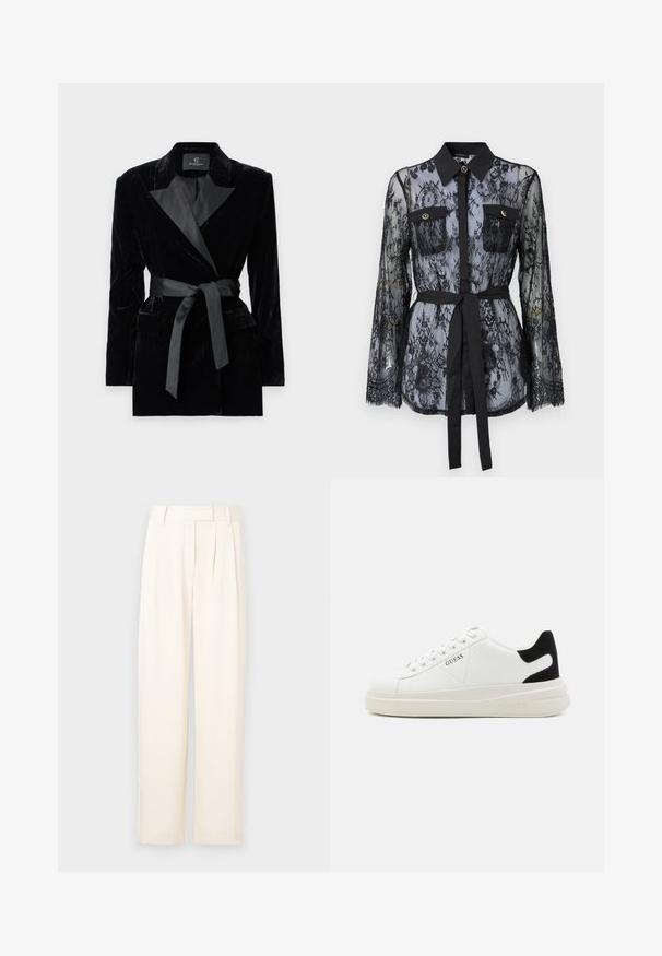 Sort fløjlsblazer med satin sjalkrave, lange ærmer, frontlommer og en bundet bælte i taljen. Glat tekstur og skræddersyet design.; Sort blonde med lange ærmer, knaplukket brystlommer, klassisk krave og et stofbælte der er bundet om taljen. Gennemsigtig design.; Lys beige brede benbukser med en glat tekstur, der har forskydninger foran og en flad talje. Ingen synlige lukninger eller lommer.; Hvide lædersneakers med en tyk hvid sål, sort ruskindhælvægt og prægede logoer på siden. Snørebåndsdesign med seks øjer.