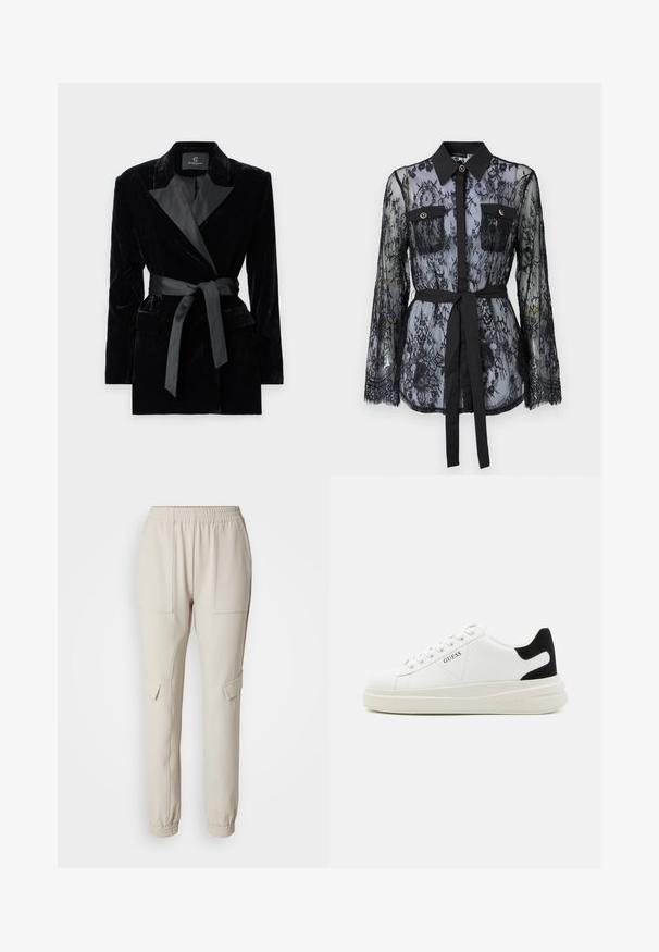 Black velvet blazer with satin shawl collar, long sleeves, front pockets, and a tied belt at the waist. Smooth texture and tailored design.; Black lace blouse featuring long sleeves, buttoned chest pockets, a classic collar, and a fabric belt tied at the waist. Transparent design.; Beige jogger pants with an elastic waistband, two side pockets, and tapered leg cuffs. Made of soft, lightweight fabric.; White leather sneakers with a thick white sole, black suede heel accent, and embossed logo on the side. Laced design with six eyelets.
